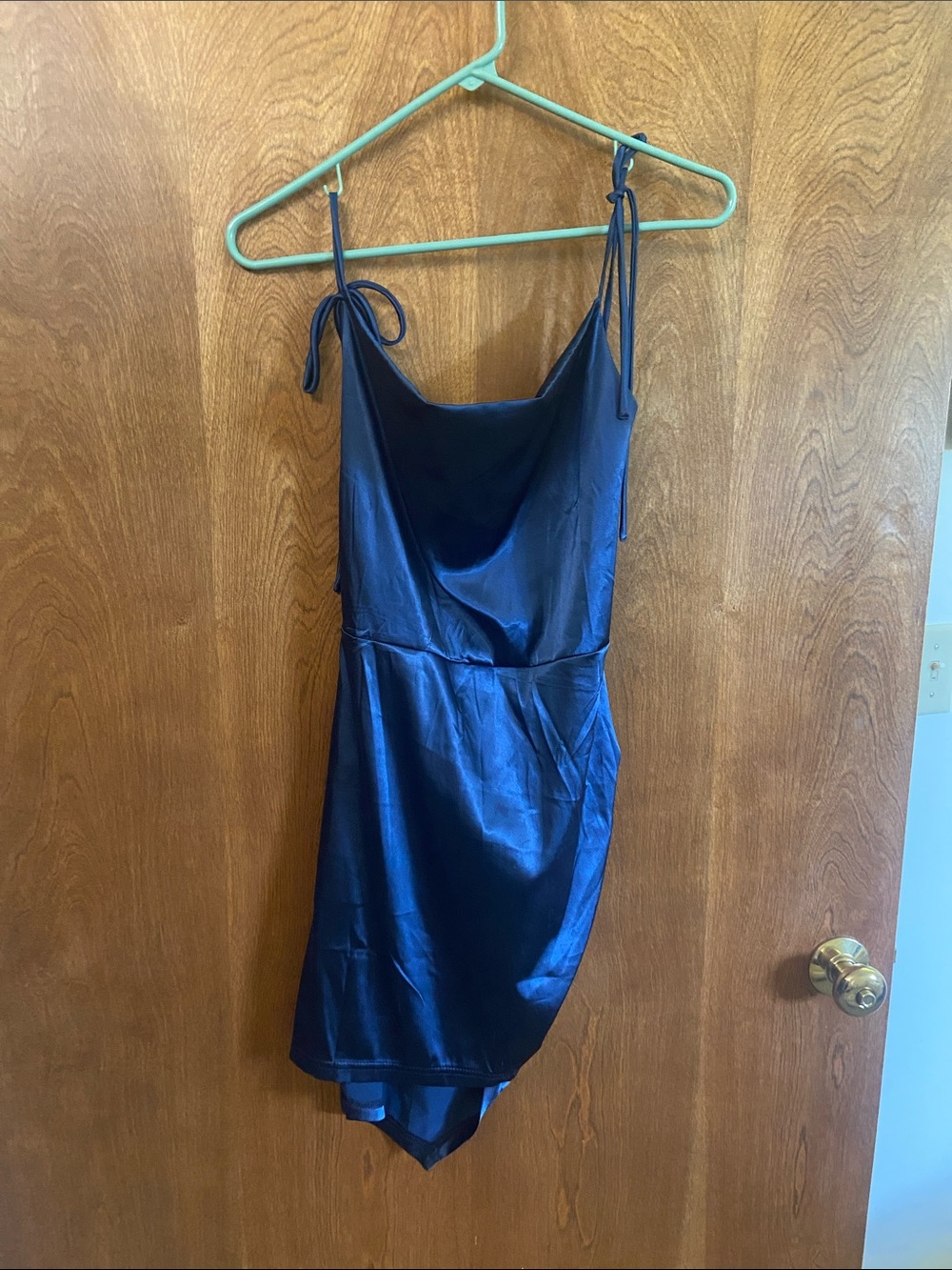 Satin Cowl Neck Mini Dress with Tie Straps - Navy